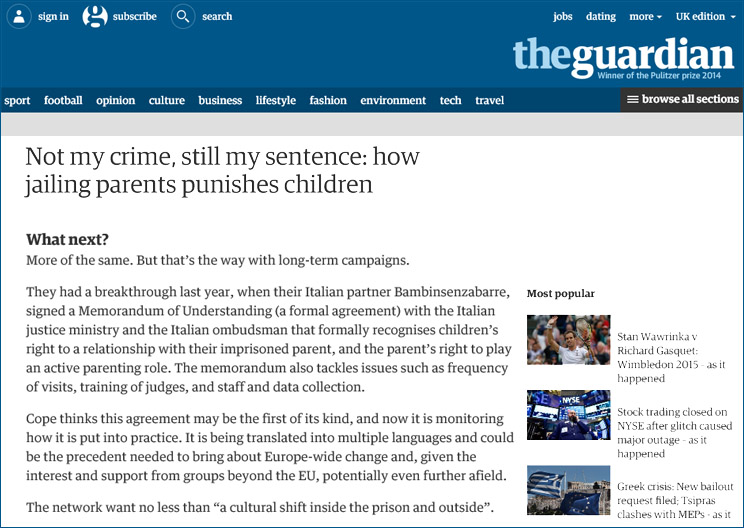 La schermata del "The Guardian" che nomina la campagna di sensibilizzazione europea sui bambini figli di detenuti